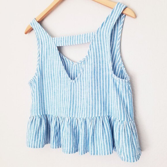 Abound Linen Blend Crop Top S Blue White Striped Peplum Crop Ruffle Sleeveless - Picture 5 of 14